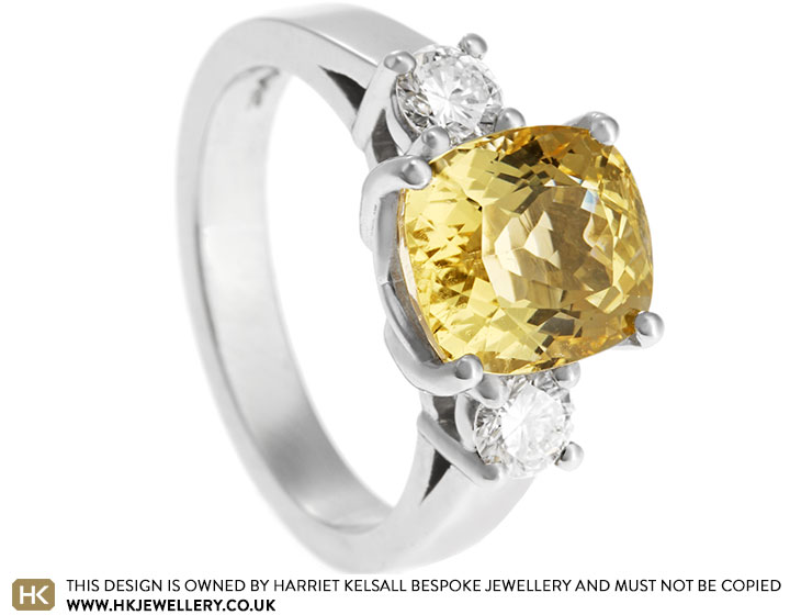 Nicola's Platinum Cushion Cut Heliodor and Diamond Dress Ring