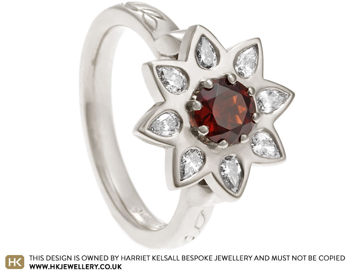 Lizzy's Floral Inspired Garnet and Pear Cut Diamond Engagement Ring