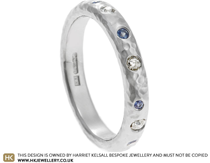 Helen's Platinum Hammered Eternity Ring with Pale Blue Sapphire and Diamond