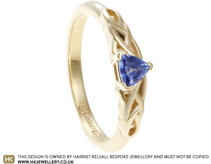 Fairtrade 9ct Yellow Gold and Trilliant Cut Sapphire Celtic Engagement Ring