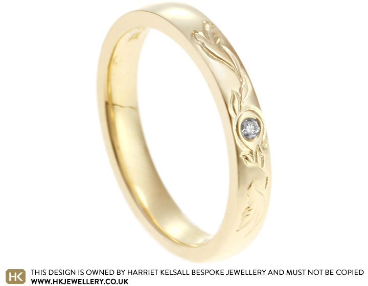 Cristina's Yellow Gold and Diamond Bird and Vine Engraved Commitment Ring