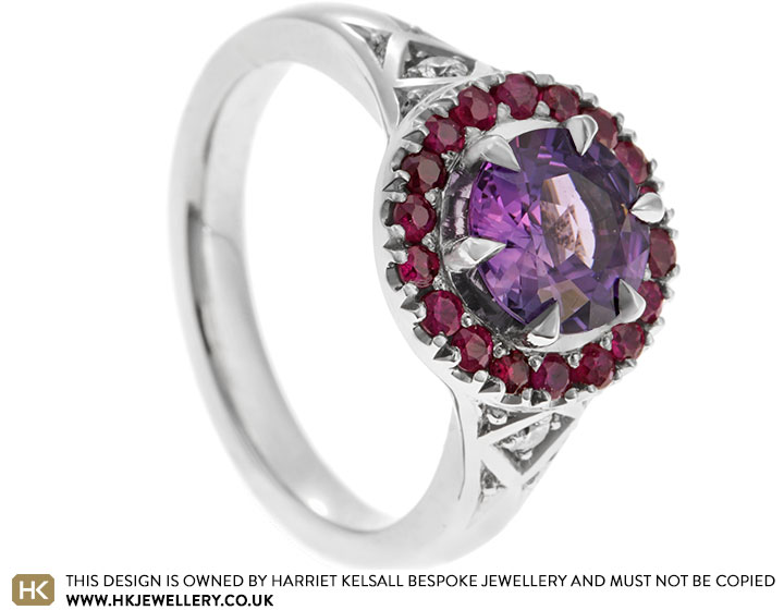 Elise's Platinum Purple Sapphire and Ruby Halo Engagement Ring