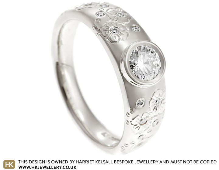 Rebecca's Fairtrade 9ct White Gold Floral Engraved Diamond Engagement Ring