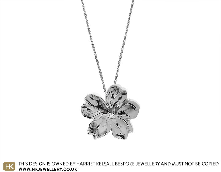 Handmade Cherry Flower Inspired Sterling Silver and Diamond Pendant