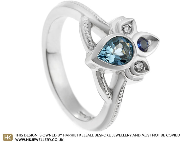 Carla's mandala inspired platinum aqauamarine engagement ring