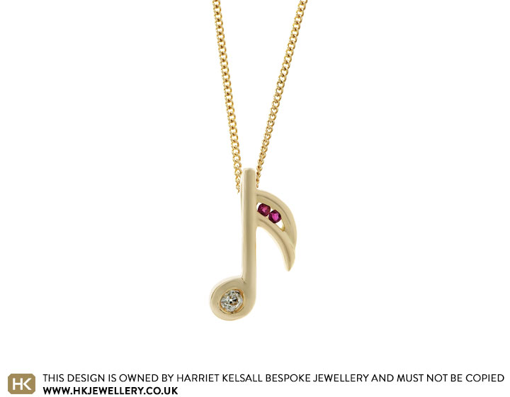 9ct Yellow Gold Diamond and Ruby Semiquaver Inspired Pendant