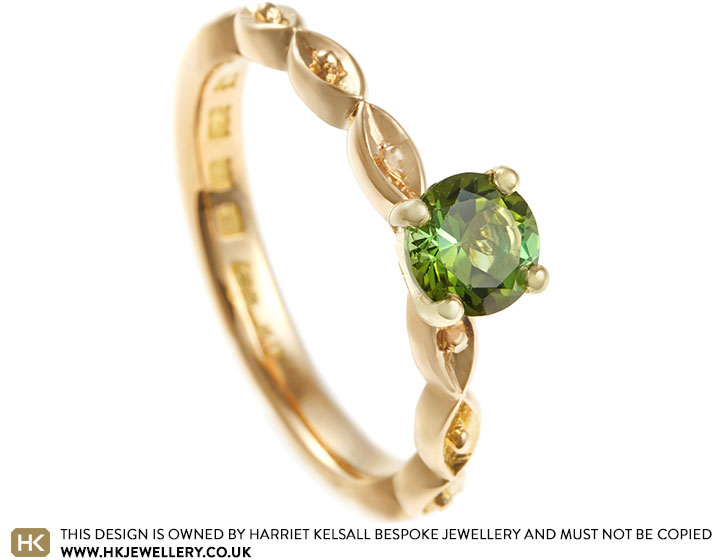 Bespoke 22ct Gold Green Tourmaline Engagement Ring with Vintage Detail