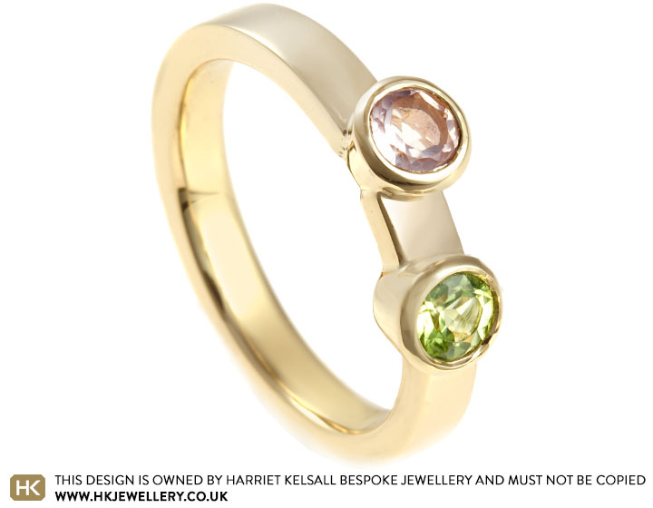 Sharon's Commemorative Yellow Gold Peridot and Rose Quartz Ring