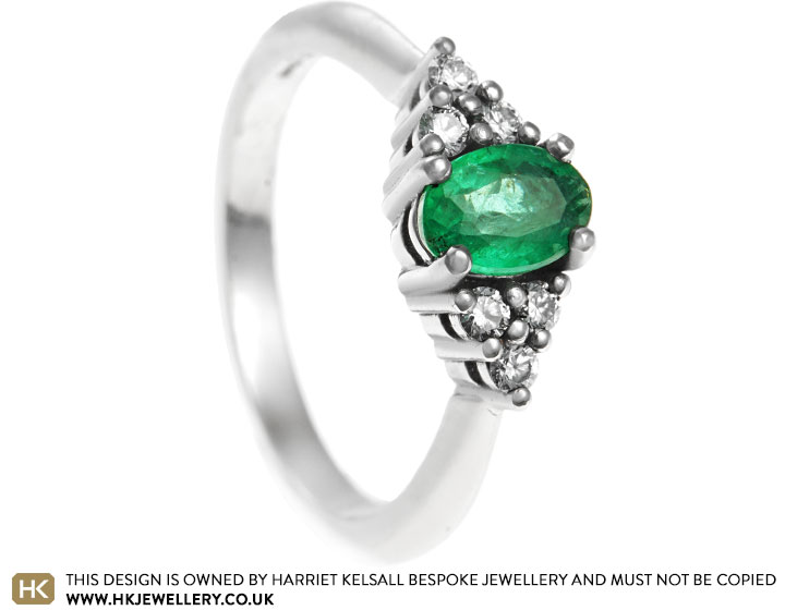 Harriet's Platinum, Oval Emerald and Diamond Engagement Ring