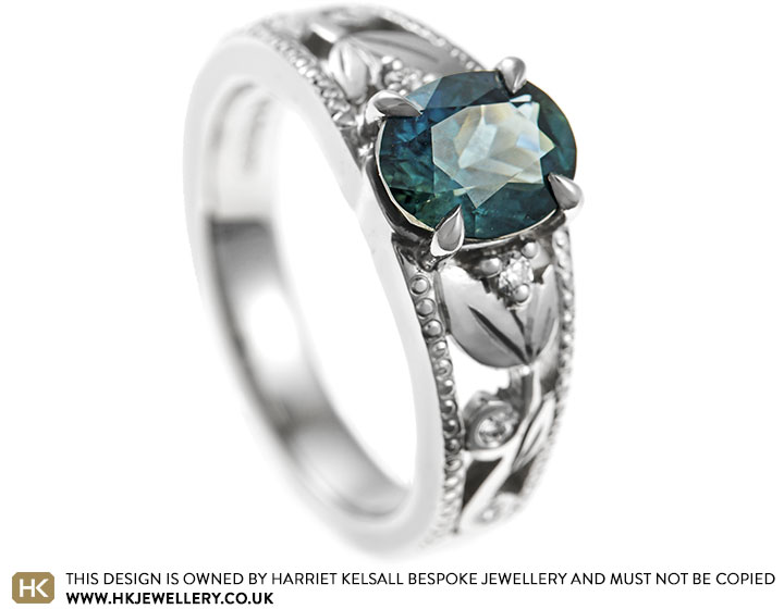 Tegan's Vine Filigree Inspired 1.60ct Teal Sapphire Engagement Ring