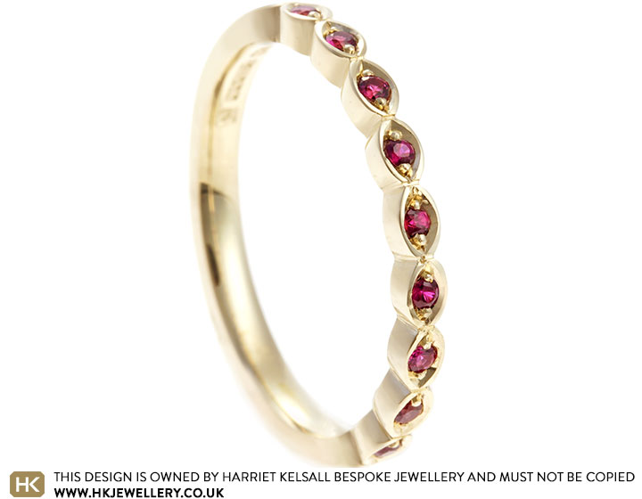 Dainty Fairtrade 9ct Yellow Gold Eternity Ring with Grain Set Rubies