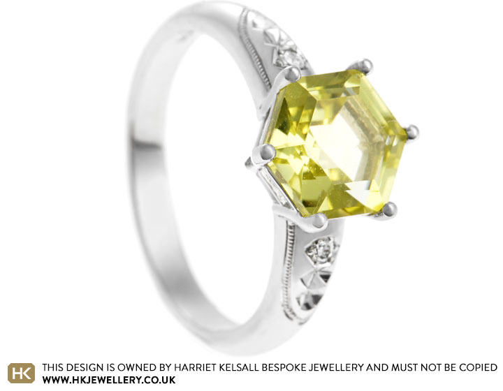 Victoria's Gaming Inspired Hexagon Lemon Quartz, Diamond and Platinum Engagement Ring