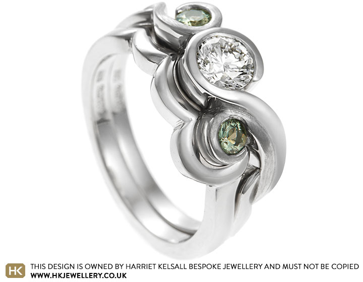 Sarah's Platinum, Diamond and Green Sapphire Engagement and Wedding Ring Set