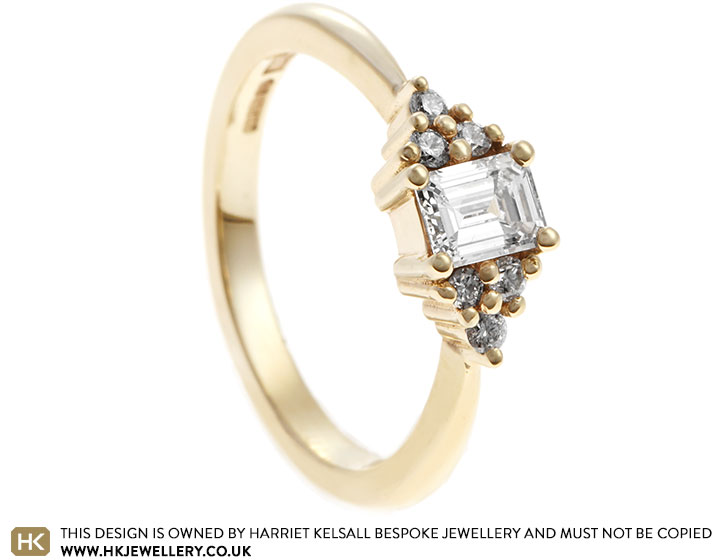 Sarah's Delicate 9ct Yellow Gold and Emerald Cut Diamond Cluster Engagement Ring