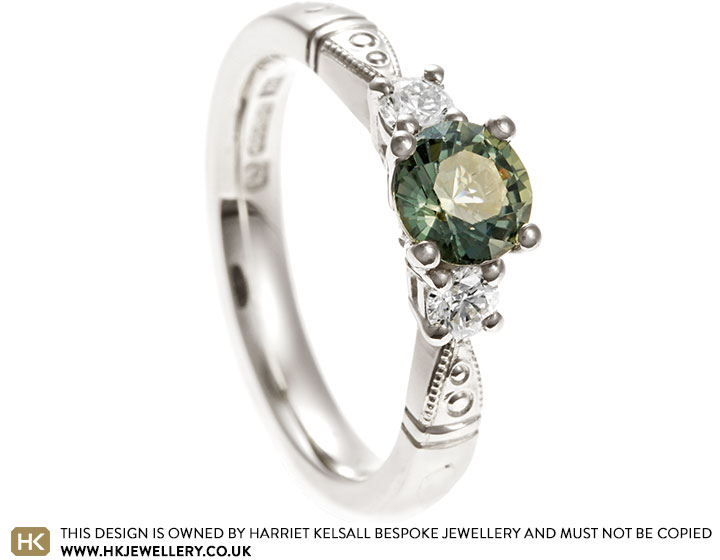 Christine's White Gold, Green Sapphire And Diamond Trilogy Style Engagement Ring