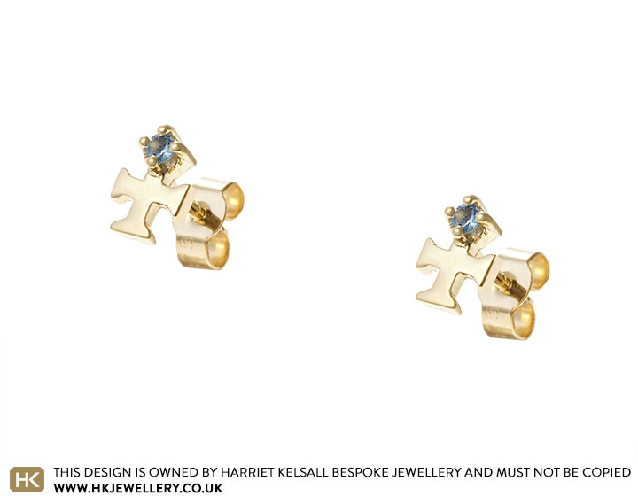 Bespoke St Alban Cross Inspired Yellow Gold and Aquamarine Earrings