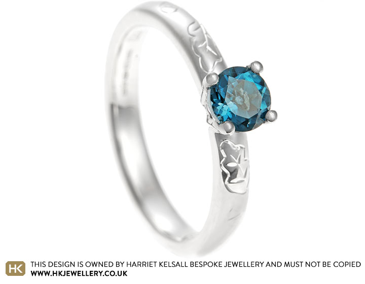 Isabelle's Oak Leaf Detailed Sterling Silver and London Blue Topaz Engagement Ring