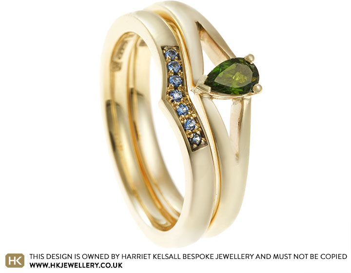 Rhian's Fairtrade Yellow Gold, Tourmaline and Sapphire Bridal Set