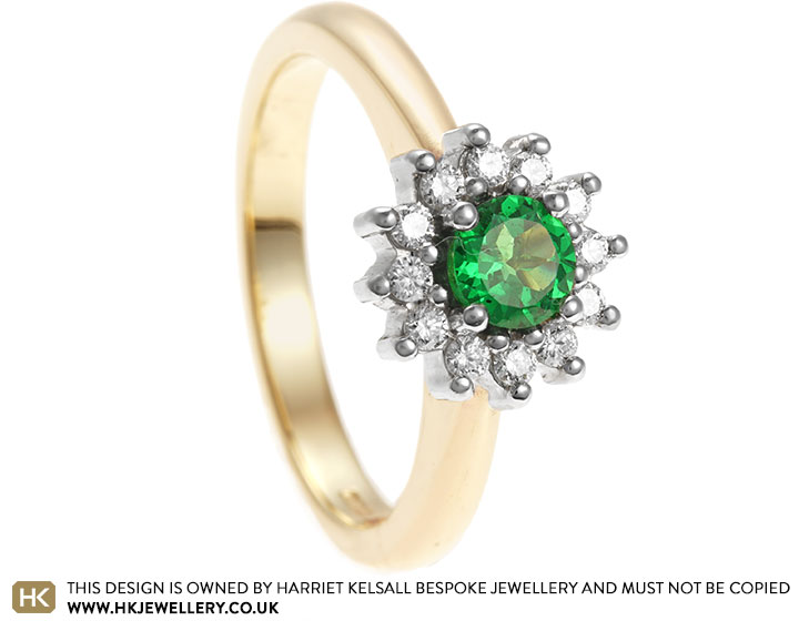 Emily's 9ct Yellow and White Gold, Tsavorite and Diamond Halo Engagement Ring