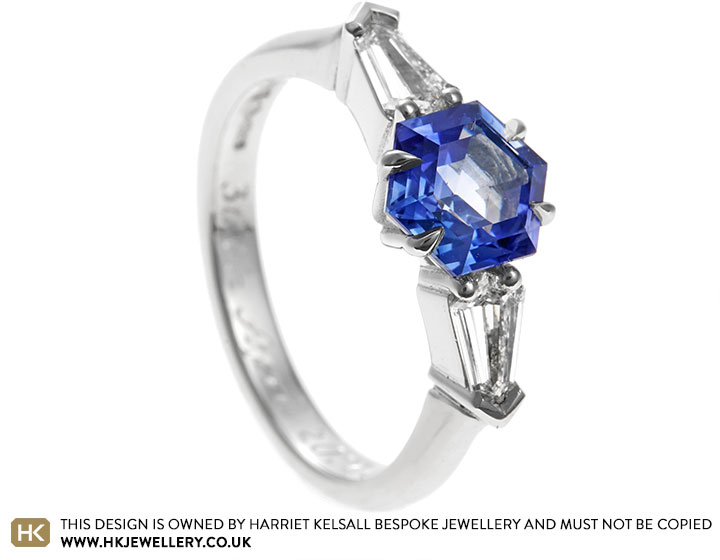 Emma's Bespoke Hexagon Cut Sapphire with Shield Diamonds in Platinum