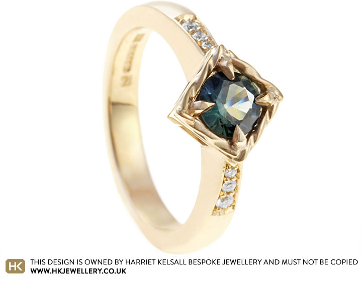 Fairtrade 9ct Yellow Gold Teal Sapphire and Diamond Engagement Ring