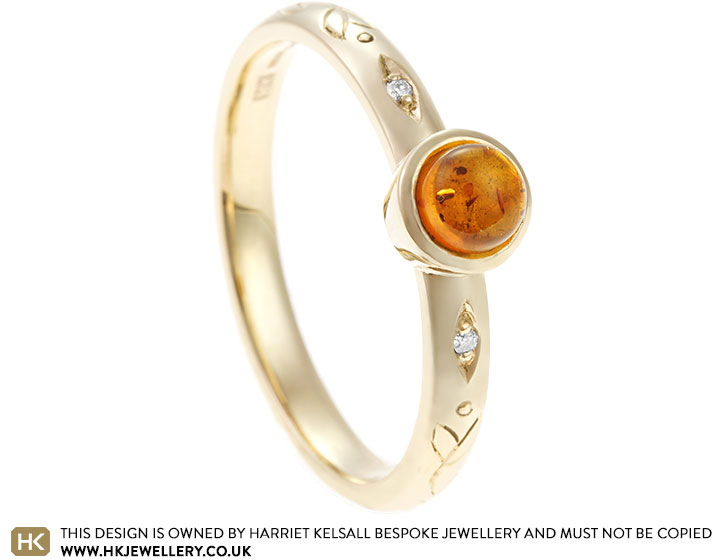 Faye's Amber Bespoke Ring with Nature Engraving and Diamond Detail