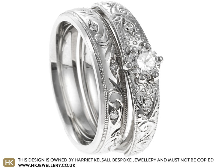 Johanna's Platinum and Matching Vintage inspired Engraved Wedding Band ...