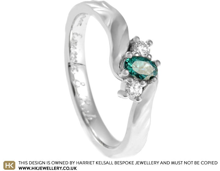 Emma's Sand Inspired Platinum, Teal Sapphire and Diamond Engagement Ring