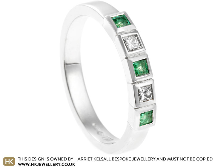 Alison's delicate emerald and diamond princess cut platinum ring