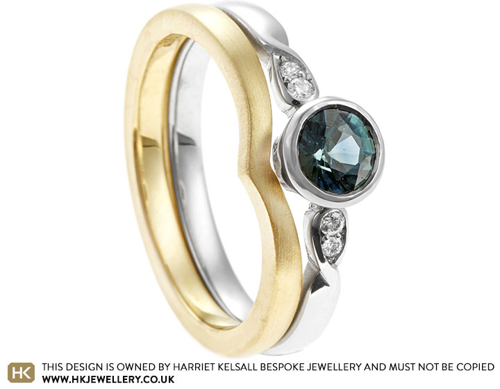 Louise's Contrasting Teal Sapphire Engagement and Wedding Ring Set