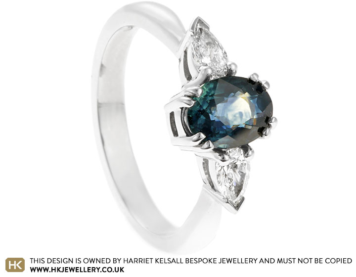 Anna's Platinum, Teal Sapphire and Diamond Engagement Ring