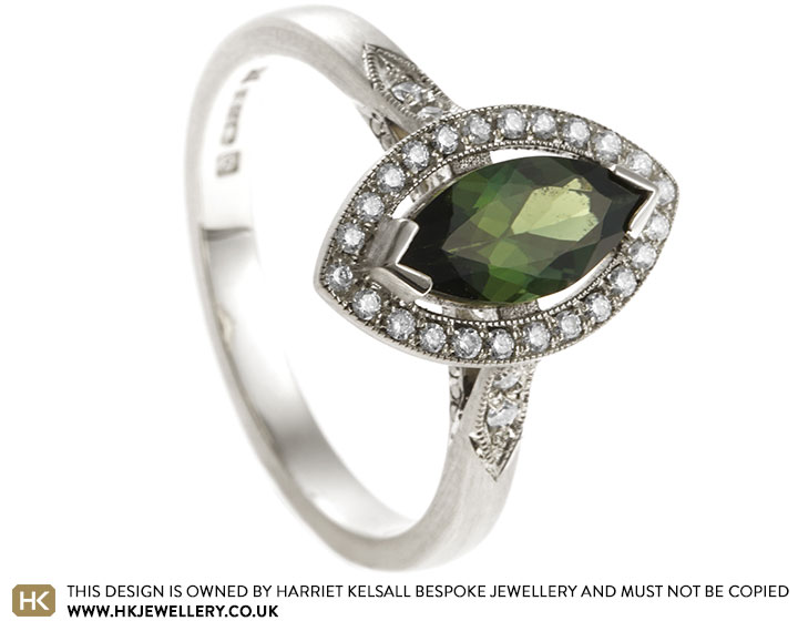 Jo's White Gold and Marquise Cut Green Tourmaline Halo Engagement Ring