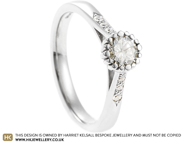 Zoe's Platinum Engagement Ring with Own Diamond and Beaded Claw Detail