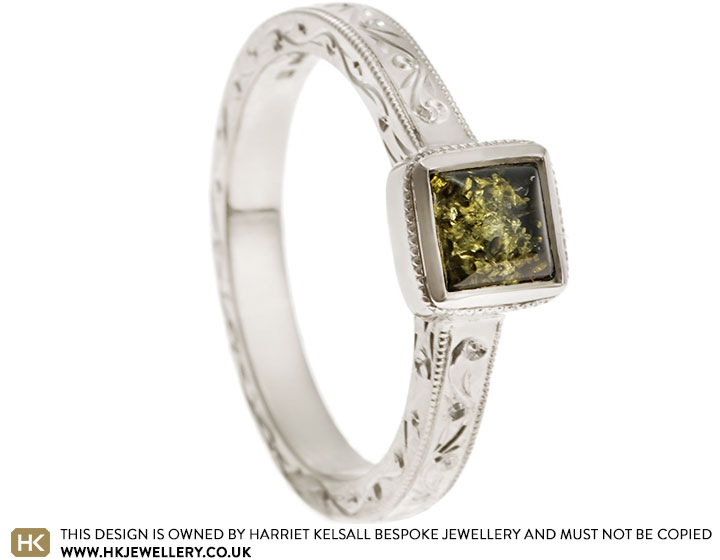 Nicole's Green Amber Engagement Ring with Floral Engraving