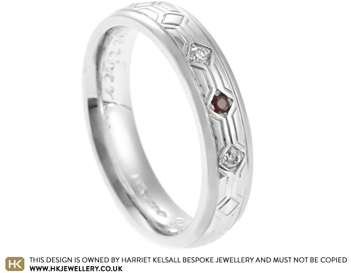 Lewis' Platinum, Diamond and Ruby Engraved Wedding Ring