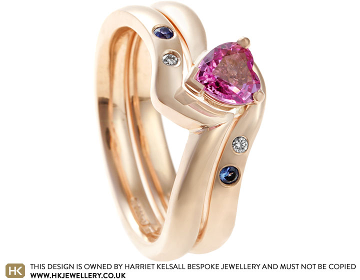 Ashley's Rose Gold, Heart Cut Pink Sapphire and Diamond Engagement and Wedding Ring Set