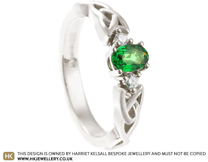 Elizabeth's Celtic Inspired Fairtrade 9ct White Gold Tsavorite and Diamond Engagement Ring