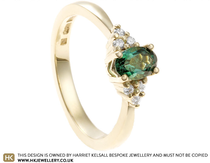 Jen's Yellow Gold, Teal Tourmaline and Diamond Engagement Ring