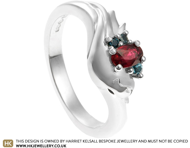 Dawn's Swallow and Rockabilly Inspired Platinum and Ruby Engagement Ring