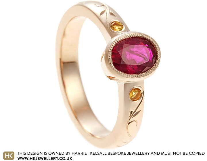 Denise's Rose Gold, Ruby and Citrine Floral Engraved Dress Ring