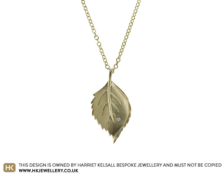 Susan's Yellow Gold Silver Birch Leaf Necklace with Diamond Raindrop