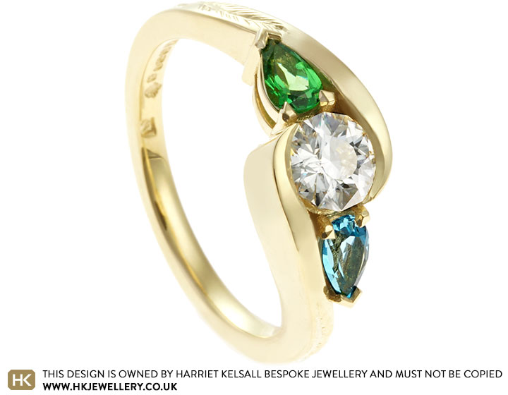 Hannah's Yellow Gold, Tsavorite, Topaz and Custom Cut Moissanite Engagement Ring