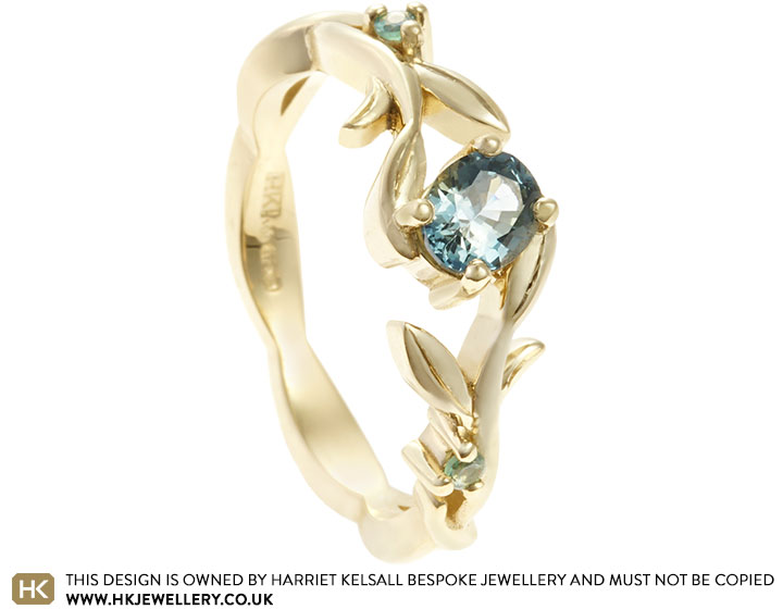 Maria's Olive Branch Inspired Yellow Gold, Teal Sapphire and Alexandrite Dress Ring