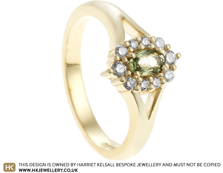 Caroline's Yellow Gold, Green Sapphire and Halo Set Diamond Engagement Ring