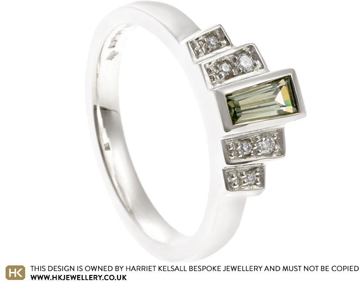 Geneva's Art Deco Inspired White Gold, Baguette Cut Green Sapphire and Diamond Engagement Ring