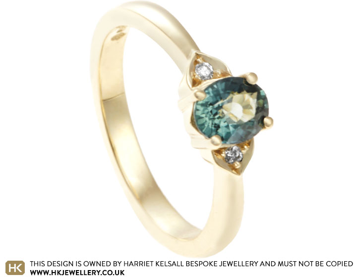 Olivia's Yellow Gold, Teal Sapphire and Diamond Engagement Ring