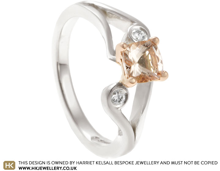 Mixed Gold, Cushion Cut Morganite And Diamond Engagement Ring