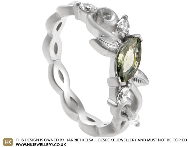 Amy's Vine Inspired Platinum, Marquise Green Sapphire and Diamond Engagement Ring