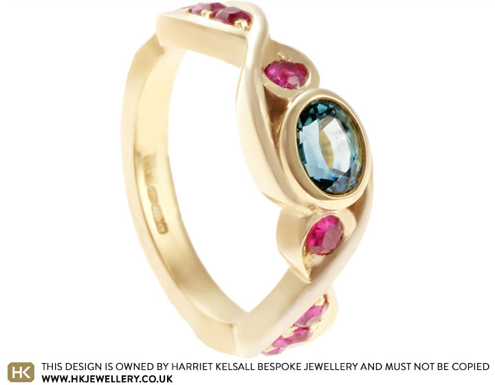 Gillian's teal 0.63ct sapphire and ruby yellow gold ring