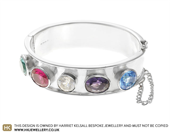 Barbara's Dramatic Sterling Silver Bangle With Multi-coloured Gemstones